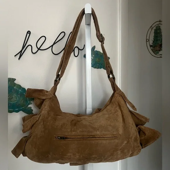 Vintage Lizden Suede Leather Ruffled Hobo Shoulder Bag - Picture 4 of 5